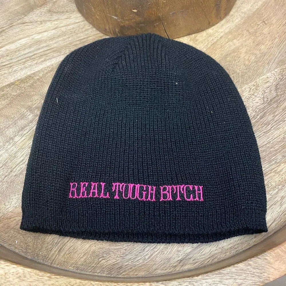 RTB Real Tough Babe Black Biker Beanie Knit Stocking Cap Hat Pink Embroidered